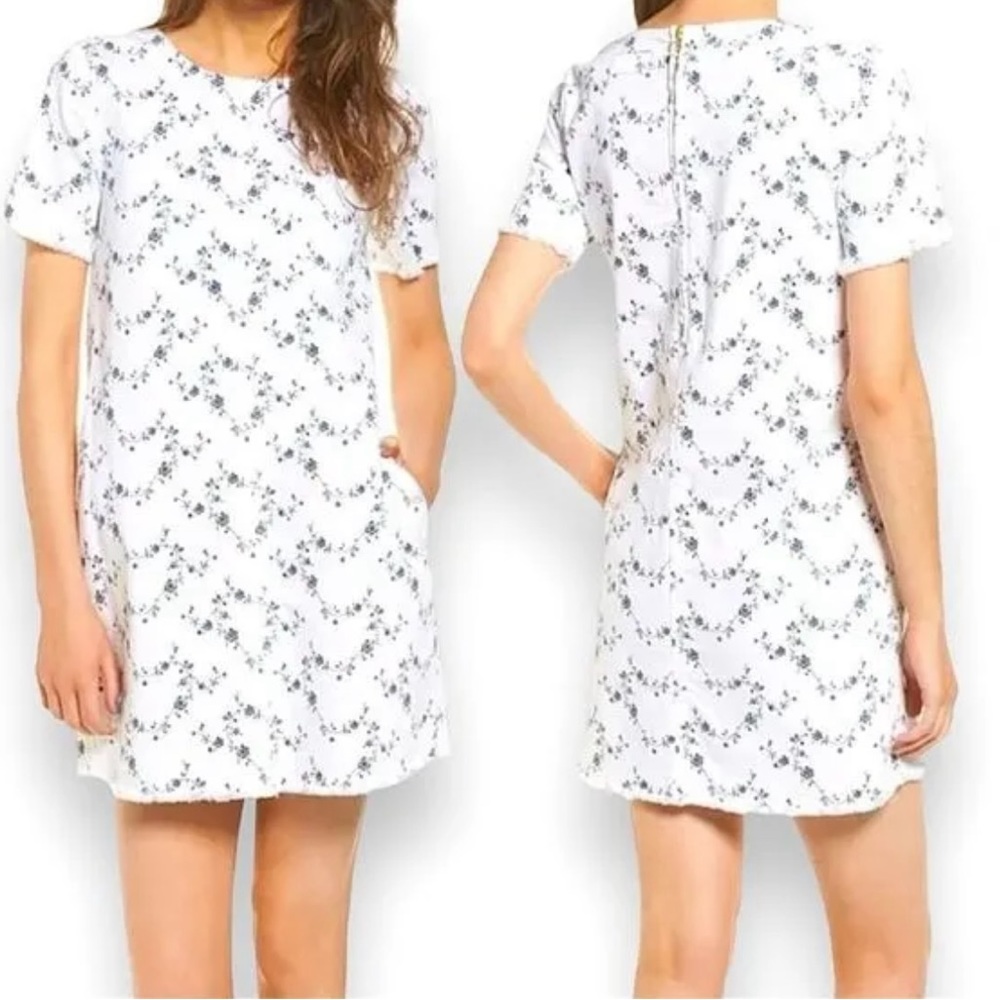 Current Elliott white denim short sleeve dress with navy blue floral print